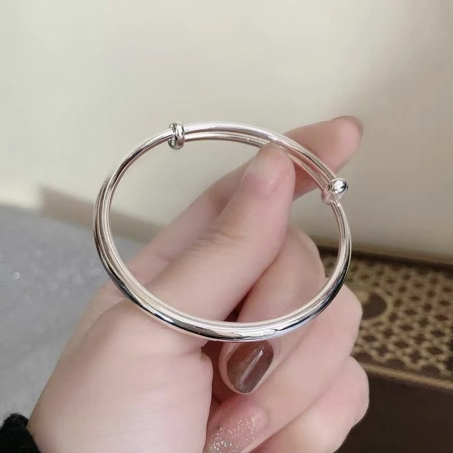 足银手镯 亮面推拉素圈镯百搭时尚气质女