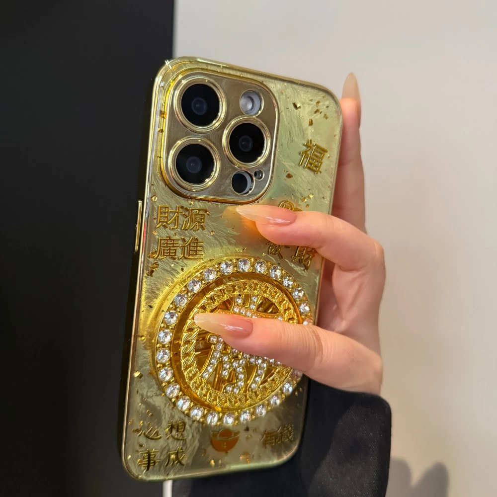 水钻发财转盘适用苹果16promax手机壳新款iPhone15滴胶14时尚13女
