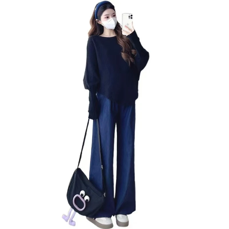 CC044深蓝色春秋牛仔阔腿裤(产前产后两穿）