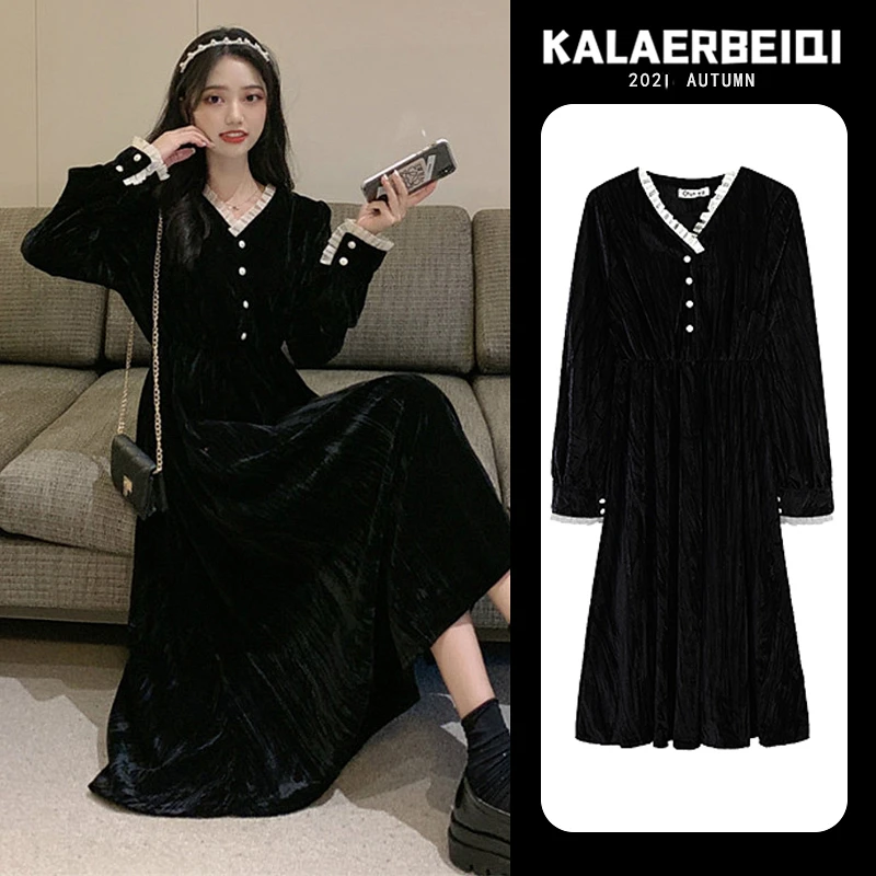 9010精致轻奢千金感金丝绒连衣裙复古高级感小黑裙子2025年春新款