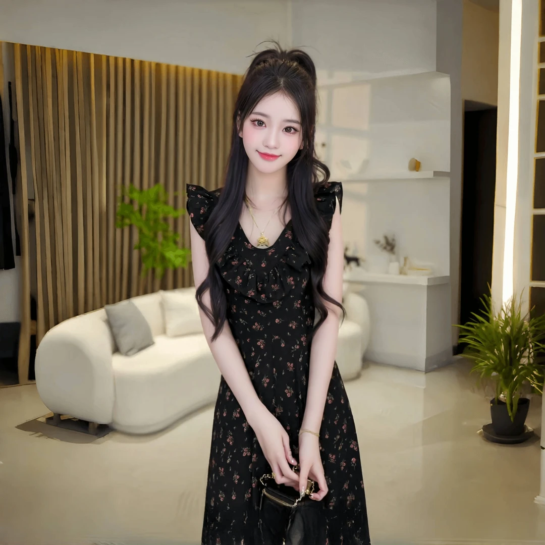 A418法式轻熟纯欲风U型领荷叶边复古碎花桔梗连衣裙2025夏季新款