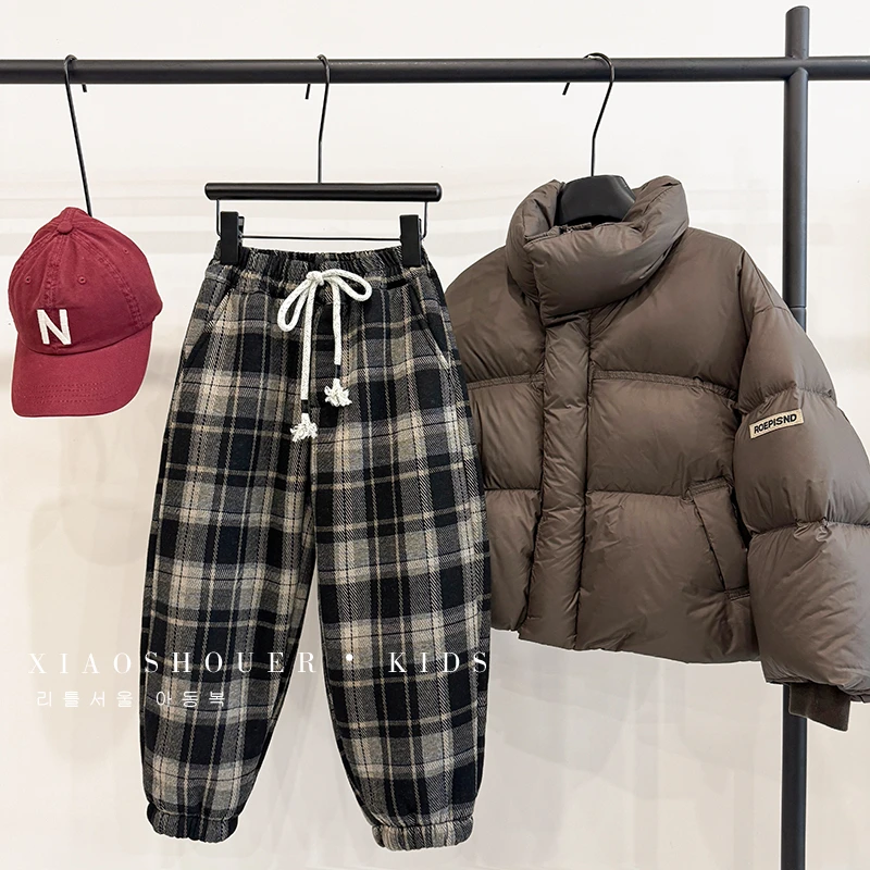 【小首尔】男童休闲简约格纹裤子冬季加绒长裤HBB3190