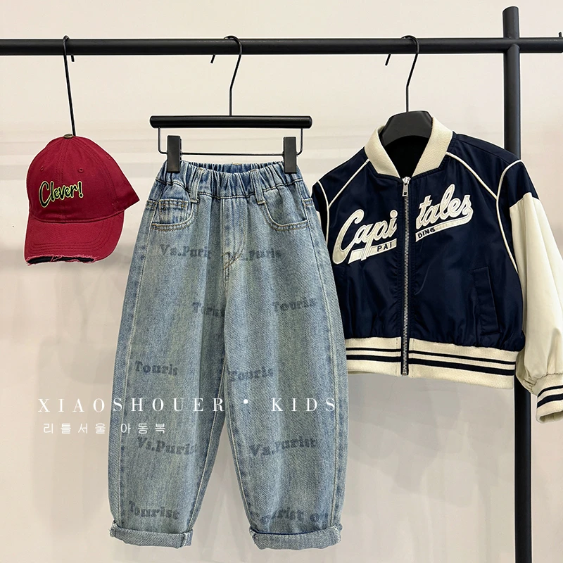 小首尔-现货男童韩版洋气满印牛仔裤秋季时尚百搭潮流裤子HBB3713