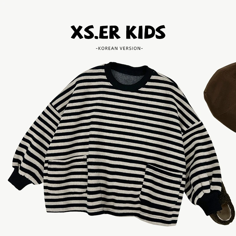 【小首尔】原版现货-男童复古韩系条纹卫衣秋百搭宽松上衣HBB5614