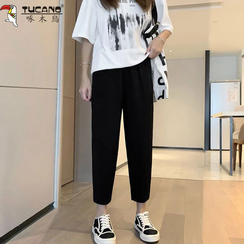 啄木鸟夏季新款薄款冰丝萝卜裤女高腰显瘦垂感休闲小个子哈伦裤