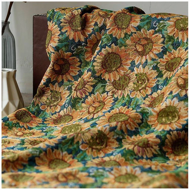 Li复古油画风向日葵提花面料麻绳手工布箱包桌布艺术布服装布料