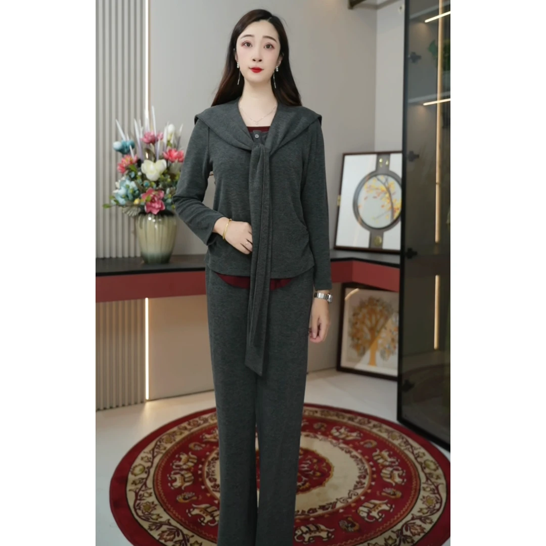 高级感休闲时尚三件套装女装春秋新款韩版长袖上衣披肩阔腿长裤