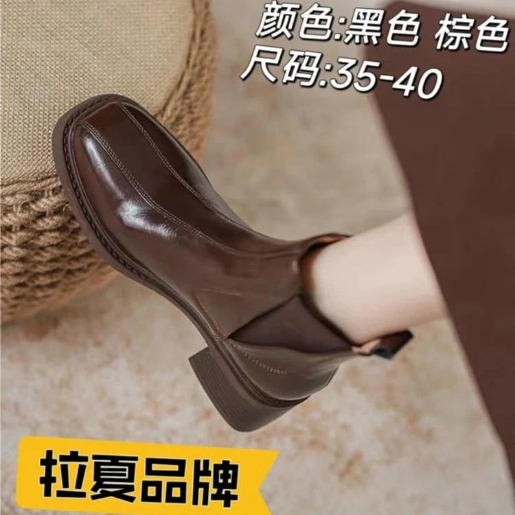 拉夏laxiacity复古绒里粗跟显瘦短靴9529