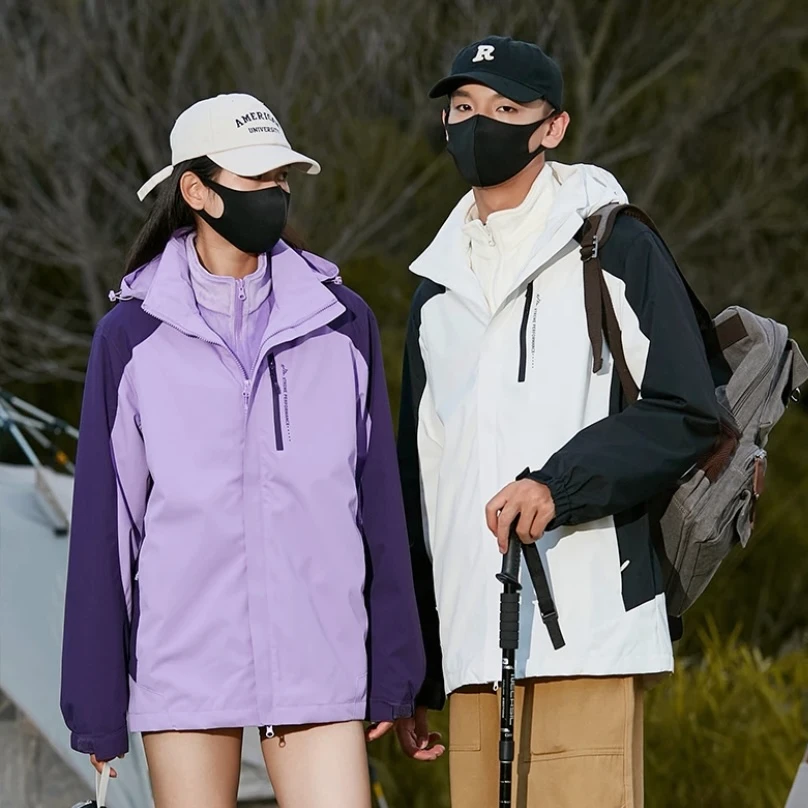 拉夏CITY拼色登山户外防水风衣情侣滑冲锋衣