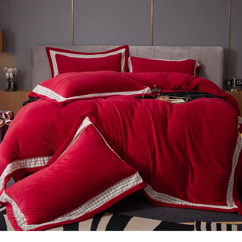 微光  高品质牛奶绒四件套 绒蕾丝全镂空工艺款加厚纯色轻奢加绒