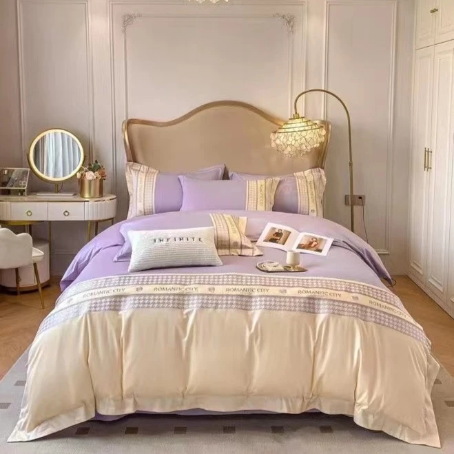 D+ 纯色轻奢刺绣款60支长绒棉四件套全棉纯棉床单被套三件套床品