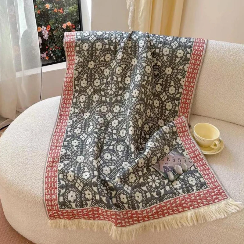 全棉纱布流苏毯单人沙发毯多功能便携小毯子飞机毯办公室午睡毯