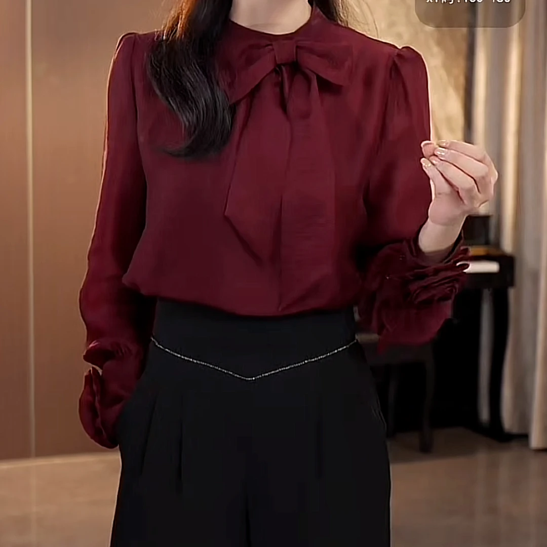 法式蝴蝶结衬衫女士长袖秋季新款高级感酒红色上衣打底洋气质小衫