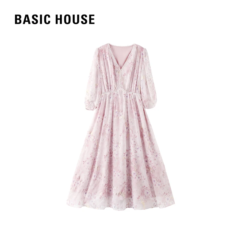 Basic House/百家好夏季泡泡袖甜美气质碎花连衣裙子B0694B52912