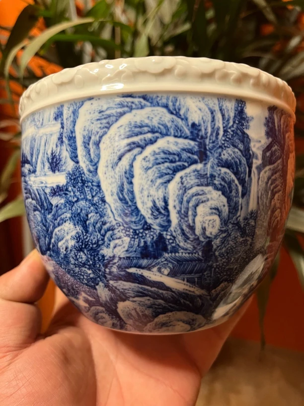 纯手工手绘釉下仿古泥青花重工工笔山水茶洗缸