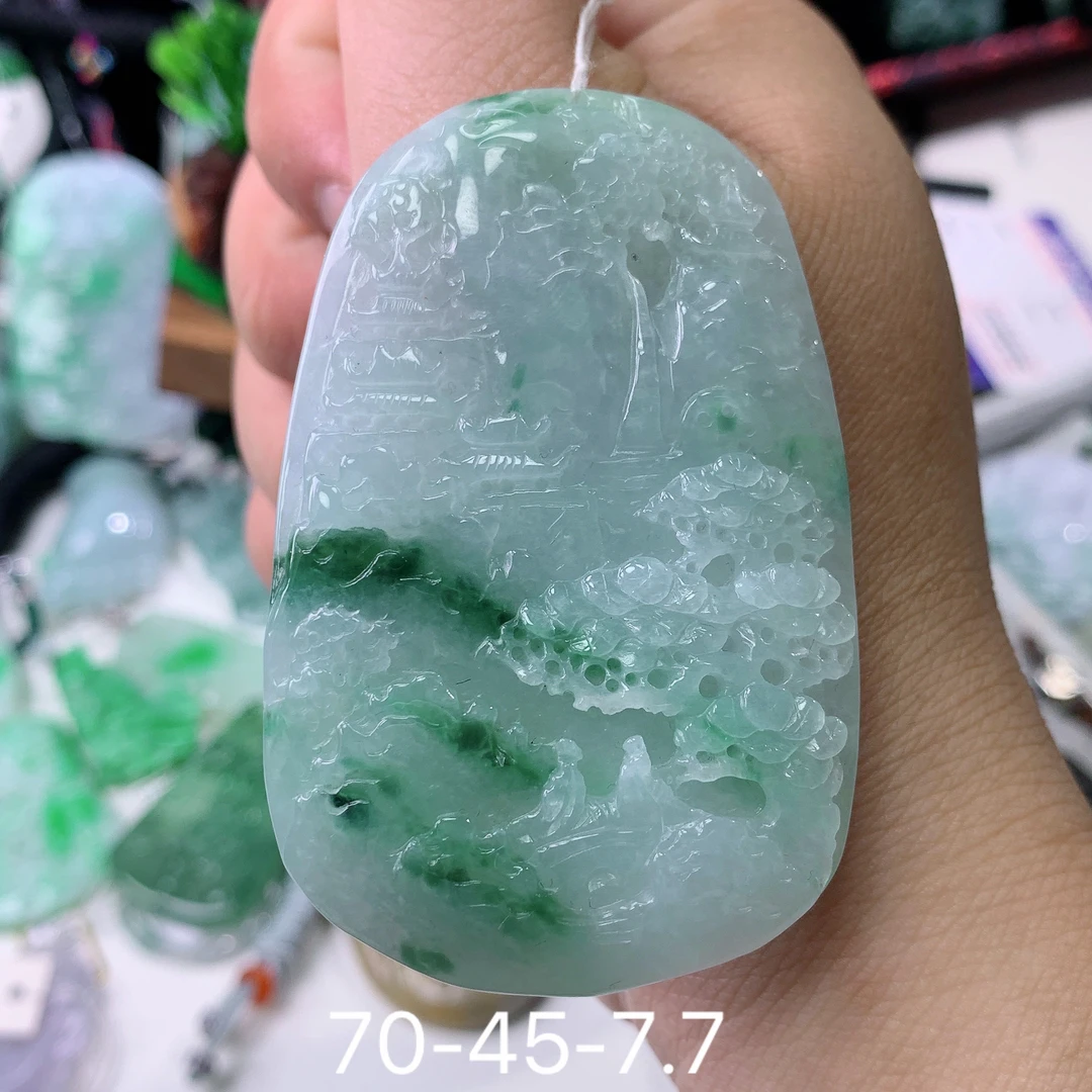 天然A货翡翠飘花山水吊坠挂件