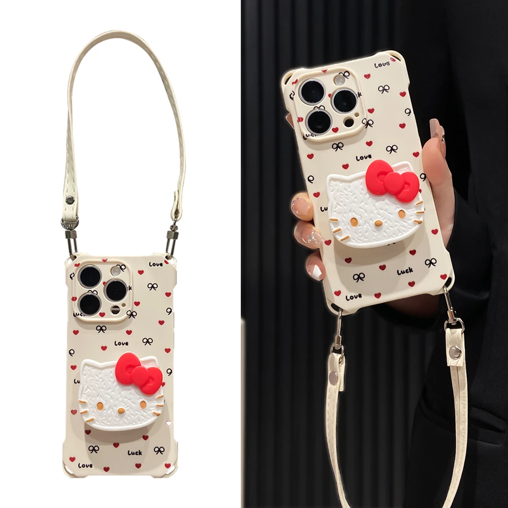 舜翔红色爱心猫猫支架适用苹果15promax手机壳四角挂绳iPhone13
