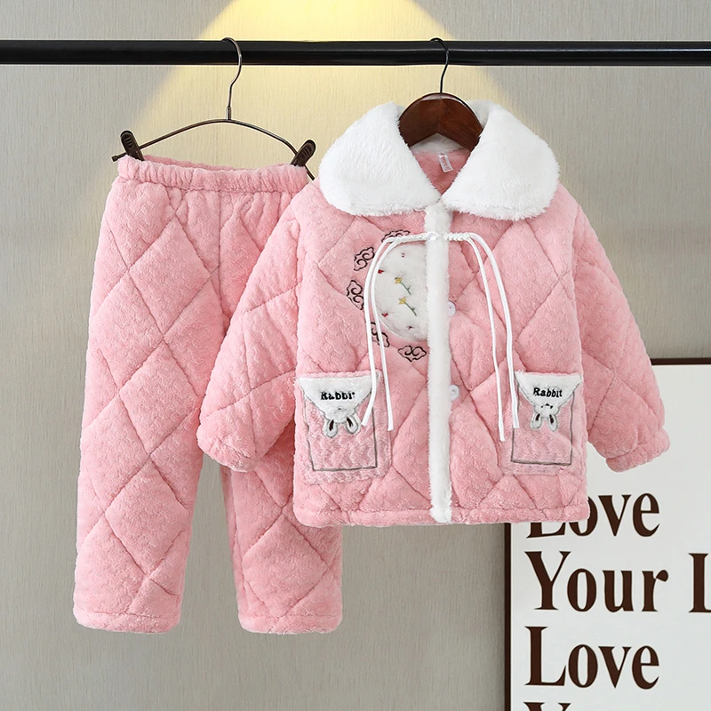 冬季女童睡衣三层夹棉加厚加绒女孩冬天保暖家居服套装