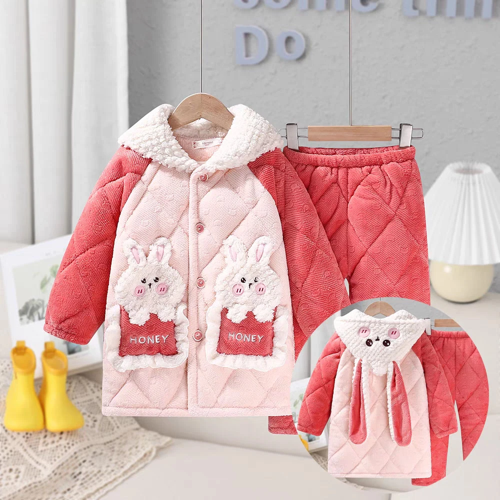 冬季女童睡衣中长款连帽三层夹棉加厚加绒女孩冬天家居服套装新款