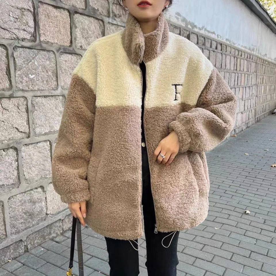 加厚夹棉羊羔毛绒保暖棉衣女冬季新款立领拼接棉袄毛毛呢外套2024