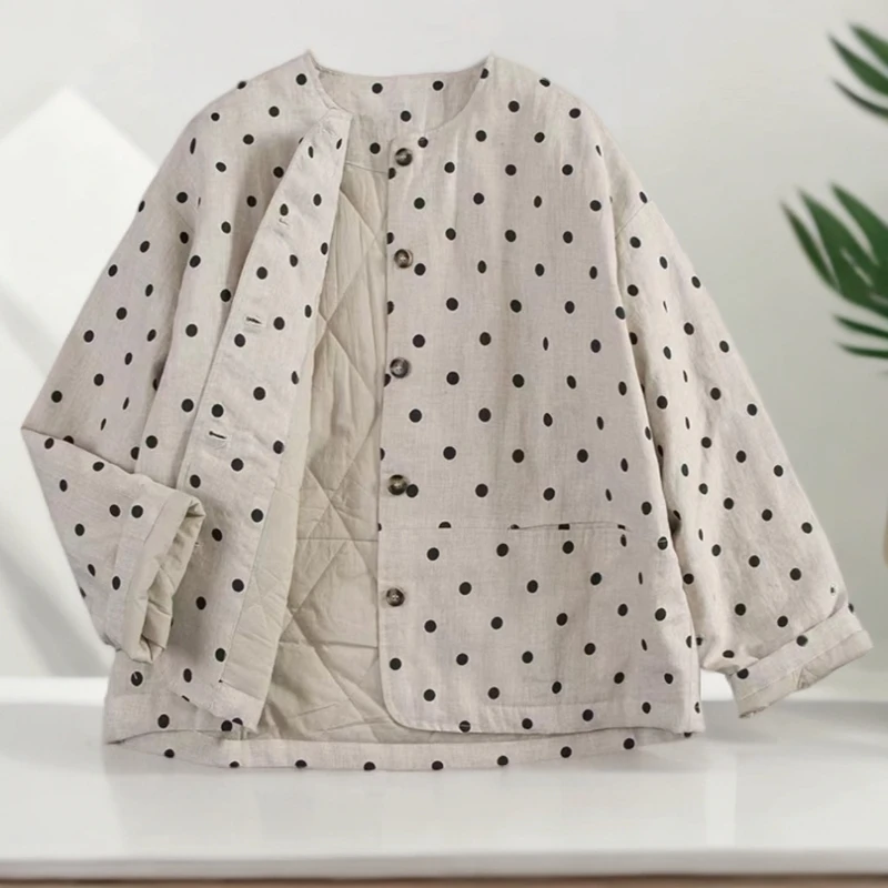 H129【100麻】雨露麻波点棉服简约百搭短款亚麻