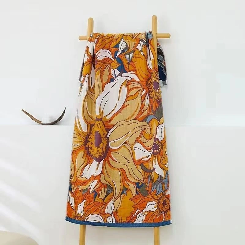 外贸花开富贵多层纱布纯棉浴巾柔软舒适沙滩巾亲肤吸水速干毛巾被