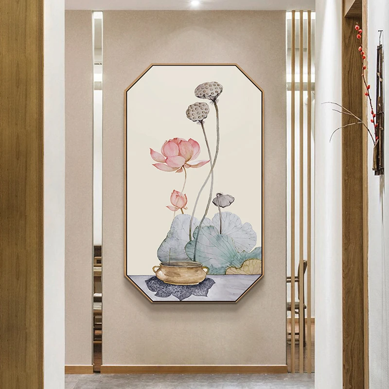 禅意荷花墙画新中式入户玄关装饰画走廊过道壁画客厅书房竖版挂画