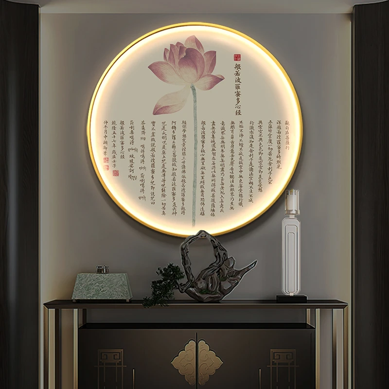 心经装饰画圆形LED带灯玄关挂画莲花荷花壁画新中式背景墙禅意画