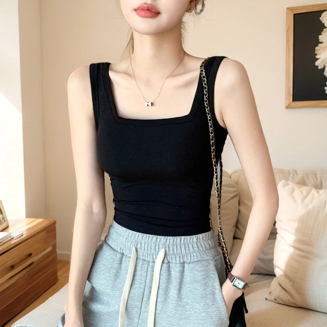 西装内搭女方领黑色2024夏季新款棉质美背挂脖打底上衣外穿潮