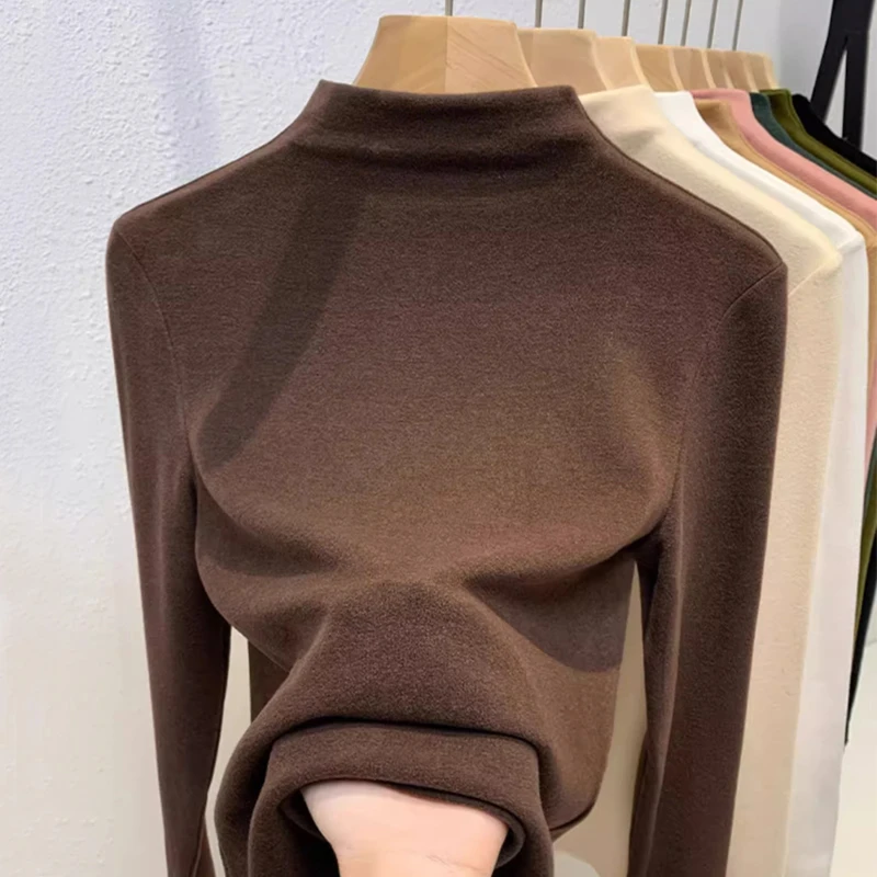 半高领德绒打底衫秋冬2023新款t发热保暖内衣一体绒磨毛长袖T恤女