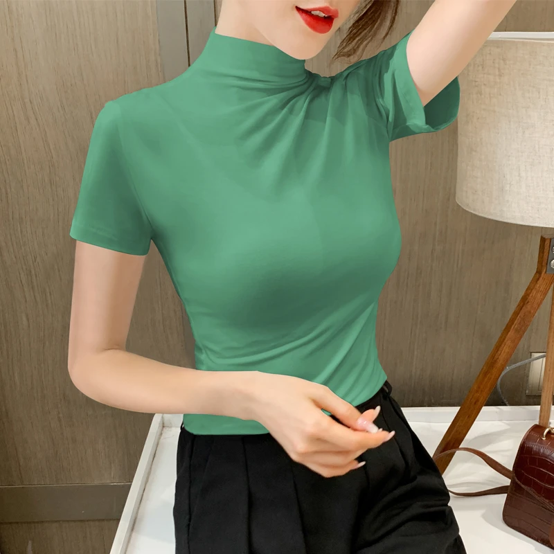 绿色莫代尔半高领短袖t恤女夏季冰丝薄款中领显瘦春夏面膜体恤T