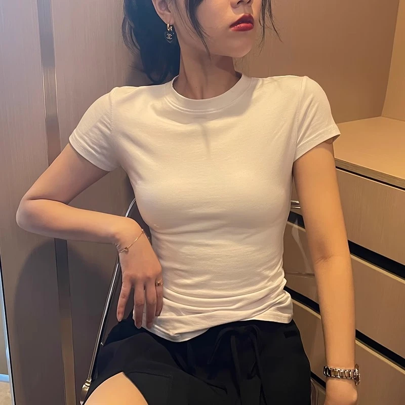 女t恤短袖2024夏季设计感小众短款甜辣纯白色修身紧身上衣中领ins