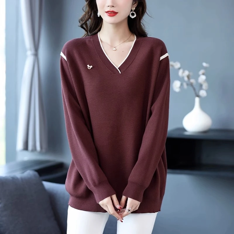 2024早春新款大码加厚套头妈妈装打底衫V领时尚洋气长袖针织衫女