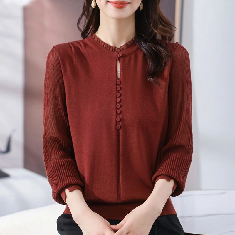 年轻妈妈秋装蕾丝针织衫秋冬季新款宽松毛衣洋气长袖上衣女打底衫