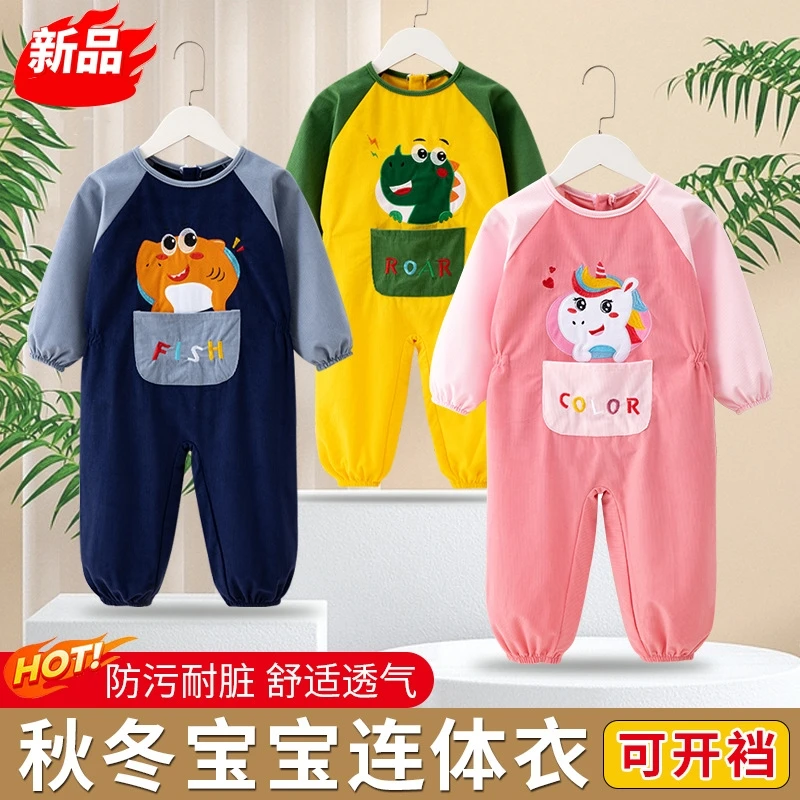 连体罩衣宝宝灯芯绒婴儿秋冬儿童防脏连体衣洋气爬爬服爬行服罩衣