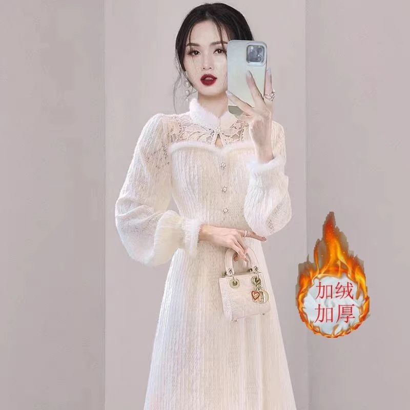 新中式国风改良旗袍茶服女秋冬富家千金御姐风温柔杏色打底连衣裙