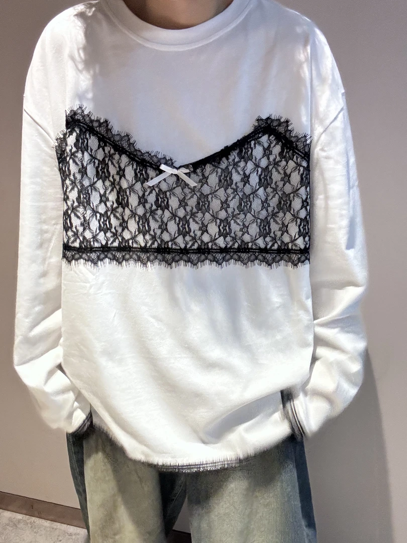 2024冬季新款韩版女装圆领套头假两件拼接蕾丝休闲百搭长袖T恤潮