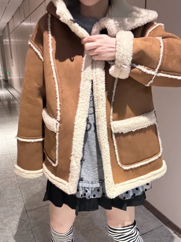 韩版连帽大口袋毛毛外套