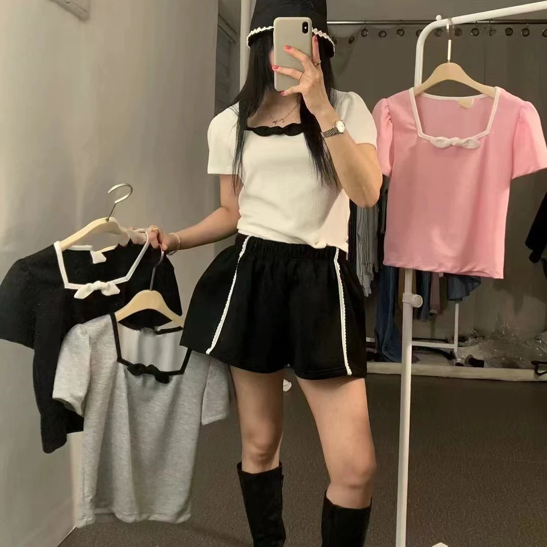 女装蝴蝶结光版纯色休闲宽松百搭显瘦短袖T恤潮