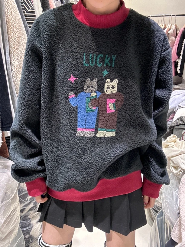 韩版毛毛半高领卡通小熊卫衣