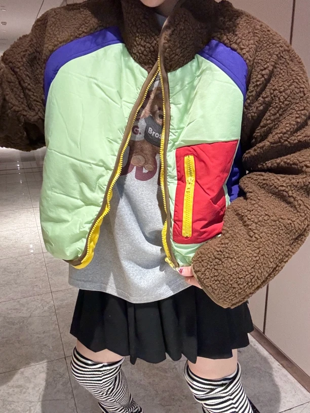 韩版拼色亮色厚外套