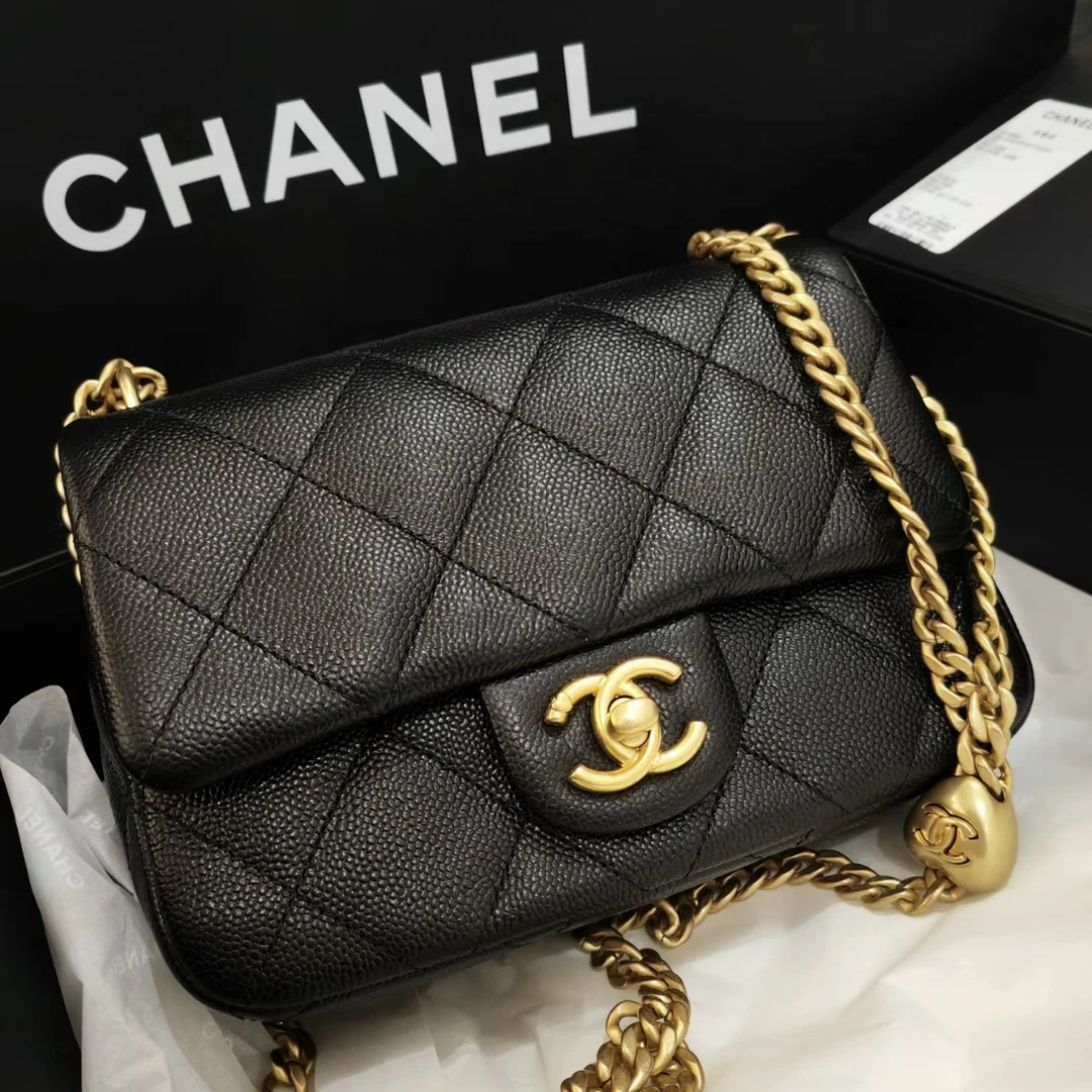 99新 Chanel/香奈儿 黑金荔枝牛爱心方胖子/330245