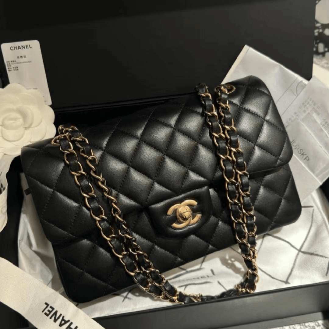 99新 Chanel/香奈儿 CF玫瑰金扣黑盖包中号/273517