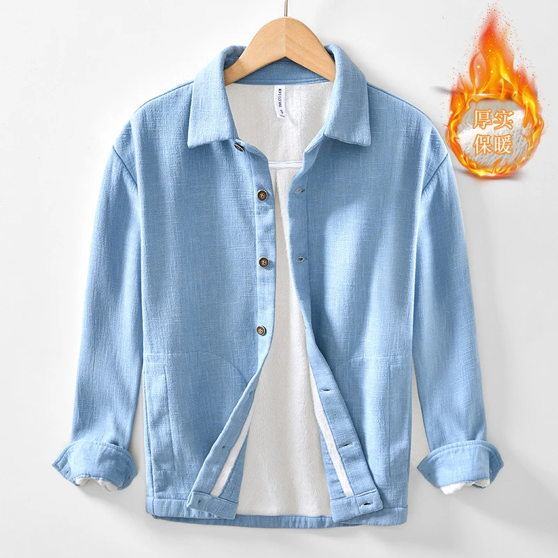 棉麻加绒加厚款棒球服衬衫复古休闲长袖夹克外套