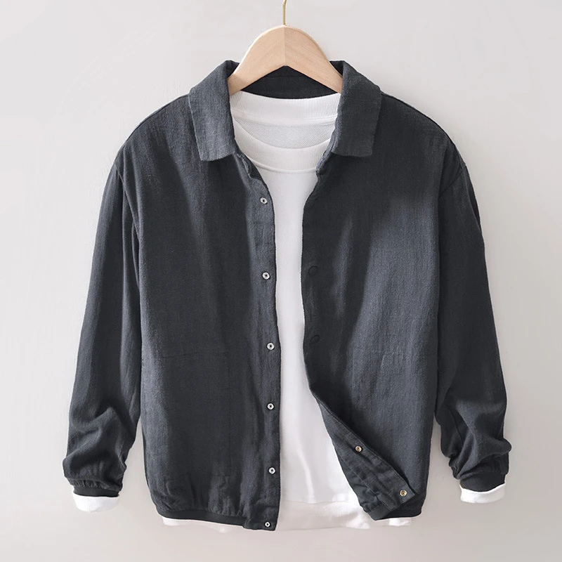 秋季休闲百搭宽松苎麻翻领长袖夹克外套男士薄款潮流纯色
