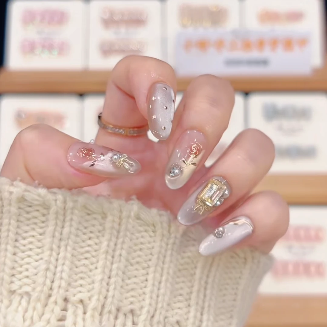 玫瑰故事 手工穿戴甲玫瑰猫眼立体工艺高级显白美甲