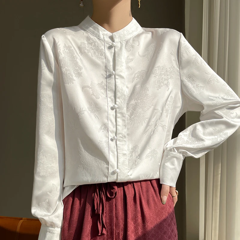 2024新中式衬衣提花立领气质款白色时尚长袖衬衫春季百搭宽松上衣