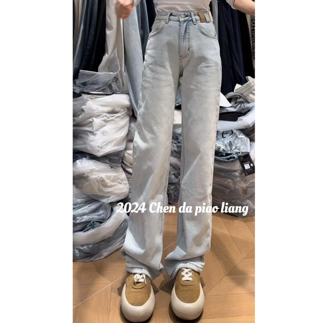 冬季新款浅蓝直筒窄版牛仔裤女款显瘦百搭