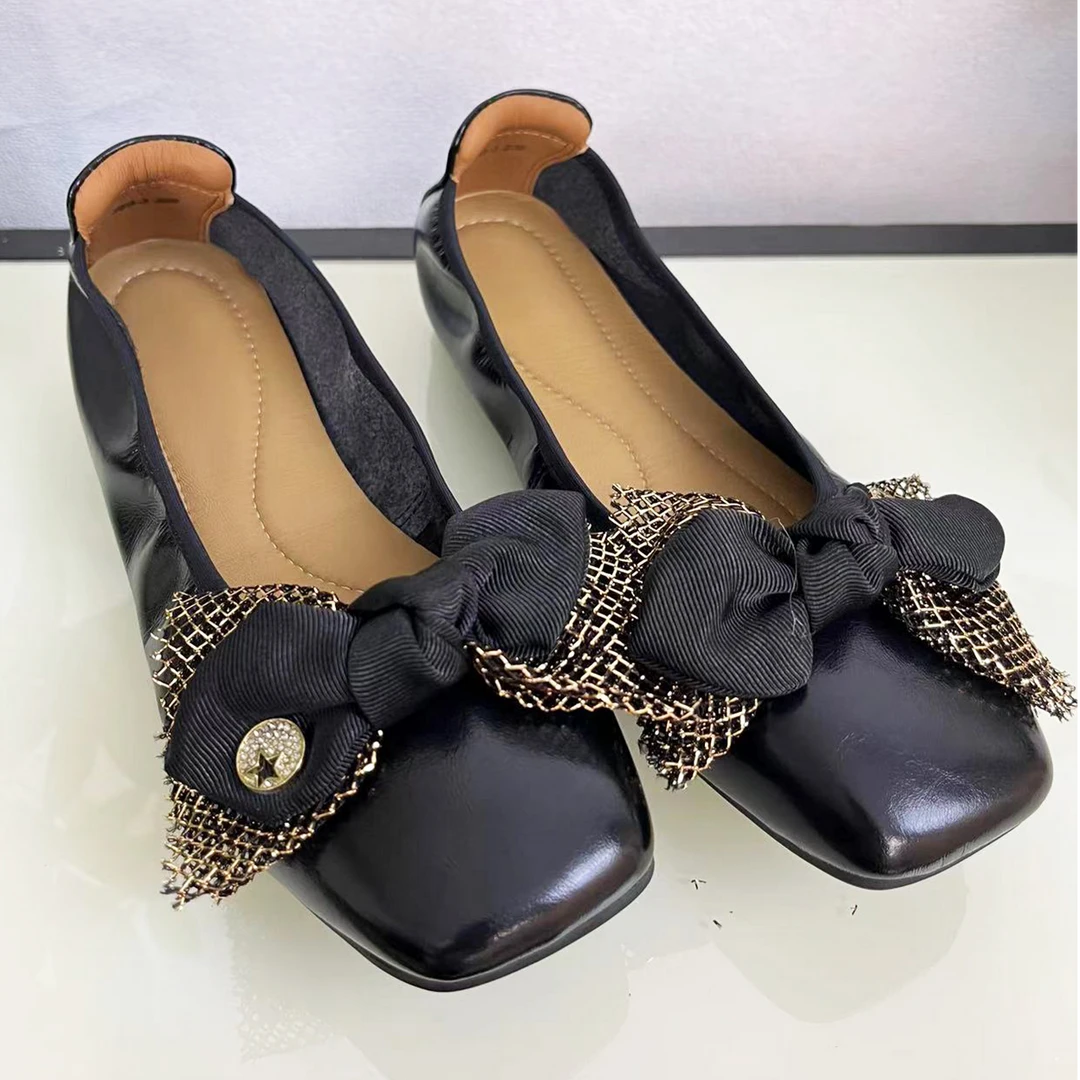 简约平底方头软皮软底豆豆鞋女蝴蝶结舒适方头久站不累跳舞黑色鞋