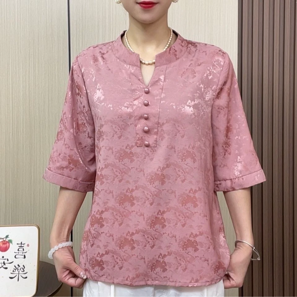 25新款V领气质宽松提花小衫妈妈装遮肉显瘦[云彩粉]